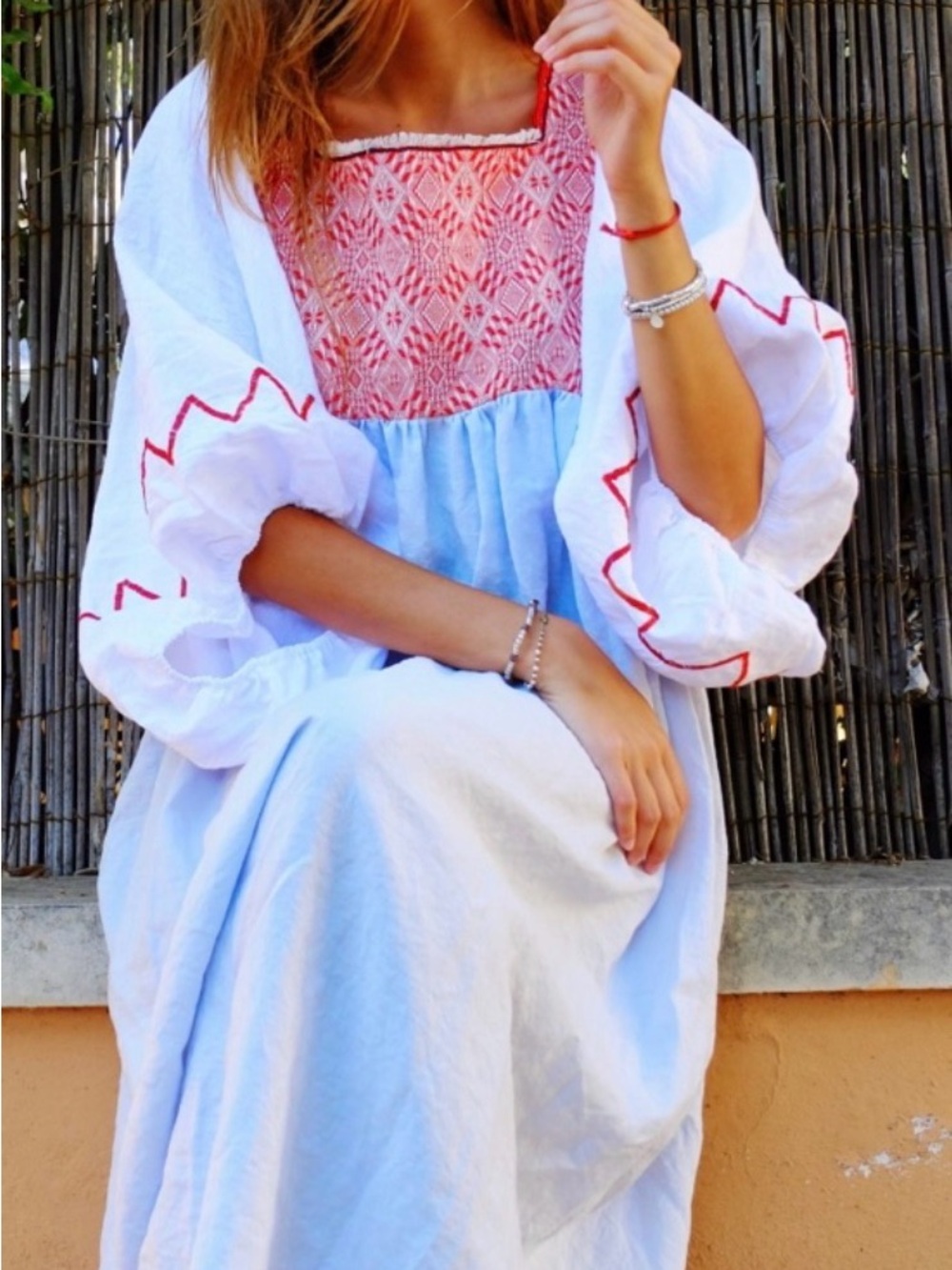 Bohemian Square-Neck Maxi Dress with Red Embroidery